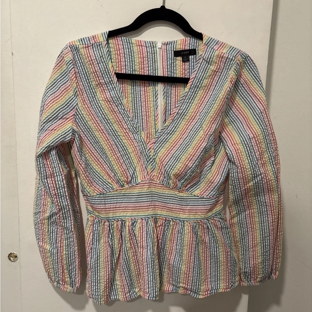 J.Crew V-Neck Peplum Rainbow Seersucker Top XS - Picture 2 of 5